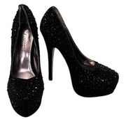 Mascotte Cinderella Planform Rhinestone Black Velvety stilettos Sz6.5 Metal Sole