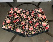 Black Floral Soft Shorts with Crochet Trim - Small, Comfy, Roses, Stretchy