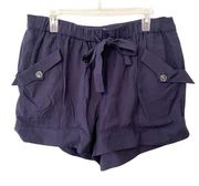 NWT CeCe Women's Shorts Navy‎ Linen Like Pull On Adjustable Tie Waist Size 14