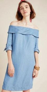 Anthro Blue Pilcro Off The Shoulder Ruffle Chambray Dress Button Sleeve Size 4