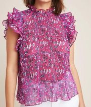 Anthropologie Freida Blouse Size Small Pink Floral Pleated Sheer Ruffle Top