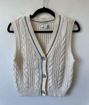 Beige V Neck Sweater Vest Striped Chunky Knit Size Small