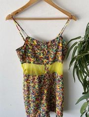 Ali & Kris Romper Womens Medium Yellow Floral Retro Mesh Playsuit Summer Picnic