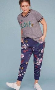 Lane Bryant Floral Jogger Pant Blue Size 18/20 Satin Relaxed Fit Taped Leg Plus