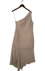 Halston Heritage Size 14 One-Shoulder Pleated Chiffon Dress in Beige