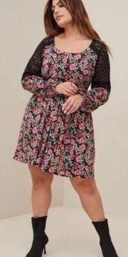 Torrid Black Floral Mini Challis Tiered Dress