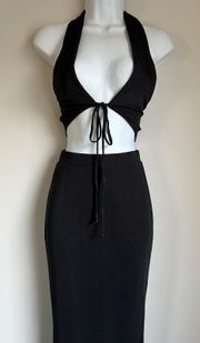 BLACK MIDI BODYCON Skirt & HALTER TIE CROP TOP 2pc Outfit NEW Medium