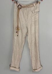 Tempo Paris Beige 100% Linen Crochet Cuffed Belted Pants Made in Italy Sz S