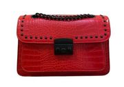 Badgley Mischka Red Crocodile-Embossed Vegan Leather Studded Crossbody Handbag