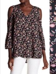 Pleione Floral Print Cold Shoulder V Neck Blouse Size Small