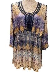 One World Purple Gold Cinched Waist Short Sleeve Tunic Top Women's Size 1X