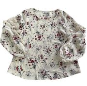 Allison Joy Shirt Womens Small White Red Florals Long Puff Sleeve Round Neck Top