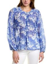 LoveShackFancy Mermaid Renate Silk-Blend Blouse Blue White XS