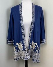 Johnny Was JWLA Navy Blue Floral Embroidered Open Front Cardigan XS