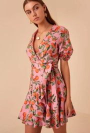 pink mandarin blossom puff sleeve wrap v neck mini dress S