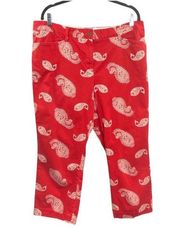 Lands' End Womens Cropped Pants Red White Size 16 Paisley Flat Front Mid Rise
