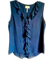 Laundry by Shelli Segal, navy blue ruffle, button front blouse, women’s size 10