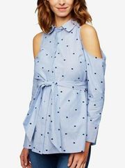 A Pea In The Pod Blue Cold Shoulder Maternity Polka Dot Button-Down Shirt  XS