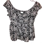 Off Shoulder Floral Smocked Babydoll Peplum Crop Top Black XS