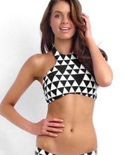Triangle Bikini Halter Top Black & White Patterned Print AOP US 4 = XS