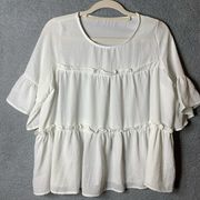 White Boho Top Womens Large L Ruffled Flare Sleeve Cottagecore Prairie Cotton