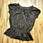 KENAR | Black Lace On Off Shoulder Puff Sleeve Peolum Blouse | Size Large