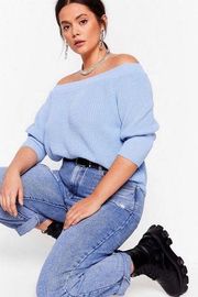 NastyGal Collection Balloon Sleeve Off The Shoulder Blue Sweater Top Plus 22