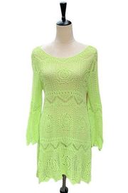 Neon Lime Green Open Knot Crochet Dress Medium Long Sleeve Y2K