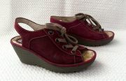 Fly London Yuta Burgundy Red Perforated Nubuck Lace Up Peep Toe Wedges 39