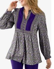 Woman Within Tunic Top 18/20 Slate Gray Purple Dainty Floral Cottagecore Button