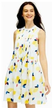 White Yellow Lemon Zest Pleated High Neck Summer Button Up Mini Dress