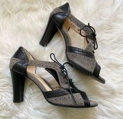 Taryn Rose Vintage Style Leather and Suede Oxford Heels Black and Taupe/Grey 37