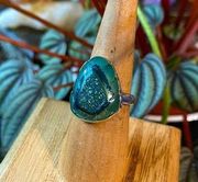 Mediterranean Green Carved Aura Druzy Sterling Silver Size 6.5