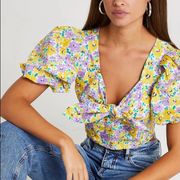 floral Puffed Sleeve tie front crop top Yellow and Purple size 14