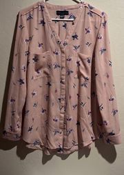 Women's Top Button Down Floral Long Sleeve Size L Blouse Pockets