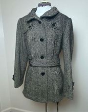 Nicole Miller Black & White Herringbone Winter Pea Coat w/ Belt - Large