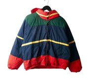 Vintage 90s Nautica Jacket Multicolor Large L Zip Puffer Hooded Embroidered Logo