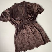 XS Silk Brown Floral Eyelet V Neck Blouse Elastic Waist Y2K 90s