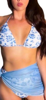 3-Piece, Blue & White, Floral, Bikini Set