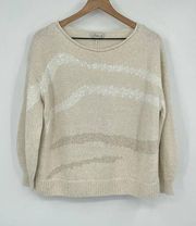 Lafayette 148 New York Sweater Womens M Cream Intarsia Sequin Long Sleeve Knit