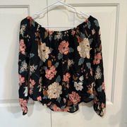 Billabong Mi Amore Black Floral Off Shoulder Long Sleeve Beachy Blouse Size S