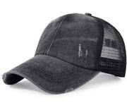 Black Washed Distressed Hat Cotton Women Ponytail Baseball Cap Dad Sunhat