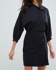 80s Button Through Mini Dress Snaps 100% Cotton 3/4 Sleeve Solid Minimal 14