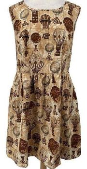 Handmade Hot Air Balloon Print Fit & Flare Mini Dress Sleeveless Tan Womens 18