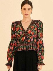 Farm Rio Lady Strawberry Printed Peplum V-Neck Blouse Top