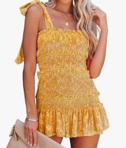 Smocked Wide Strap Mini Cami Dress Womens Ruffle Dress Sleeveless Floral Yellow