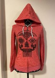 EUC Volcom Red and Black Skull Graphic Zip Up Hoodie size XS