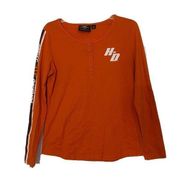 Harley Davidson  orange graphic logo print henly long sleeve tshirt size Medium