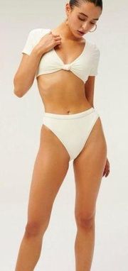 Good American Sports High Cut Ribbed Bikini Swim Bottoms in Ivory Small NWT