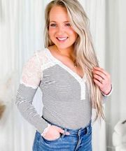 White Birch Striped Long Sleeve Bodysuit With Lace Detail Gray White XL